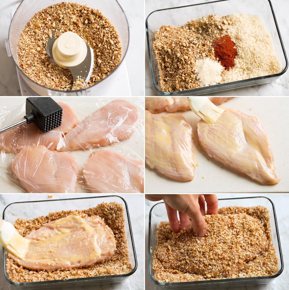 Honey Mustard Pecan Crusted Chicken Collage image of 6 photos showing steps to coating chicken with honey mustard and pecan panko crumbs.