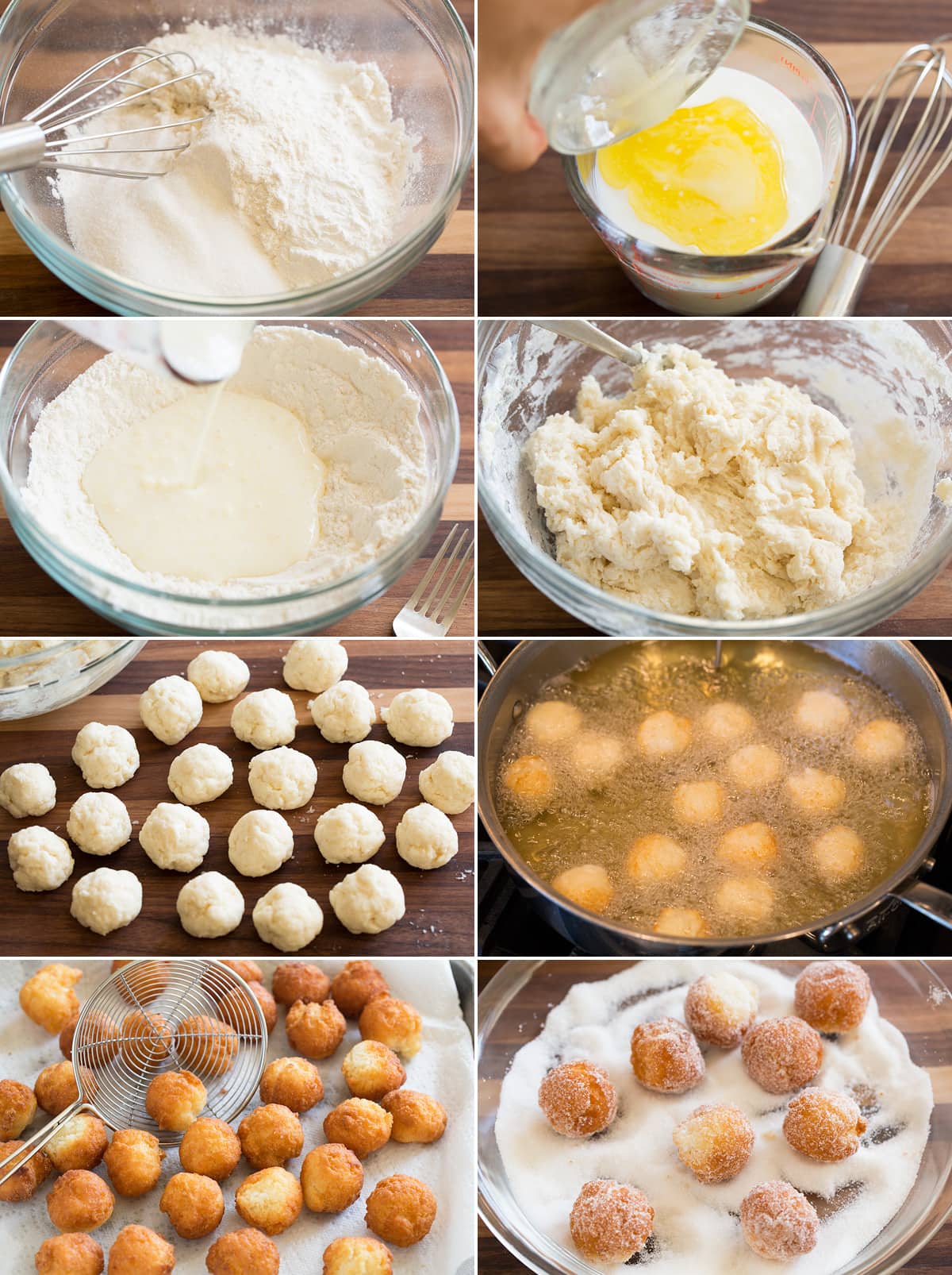 Easy 15 Minute Donuts Image showing steps to making easy homemade donuts dough and frying donuts.