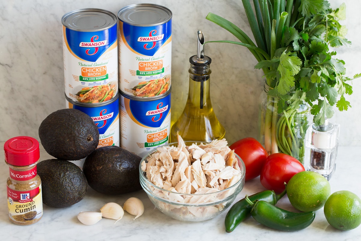 Image of ingredients used to make chicken soup with avocado.
