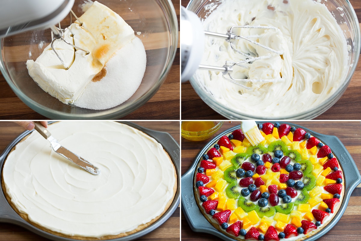 Collage image showing how to make cream cheese toppings, spreading it on the fruit pizza crust and topping fruit pizza with fresh fruit and jam glaze.