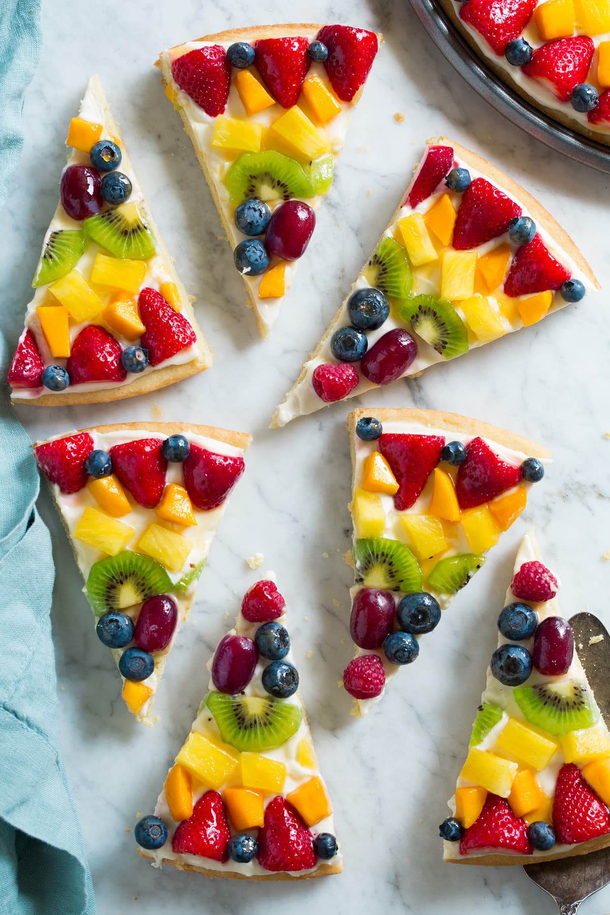 Fruit Pizza Slices of fruit pizza on a marble surface.