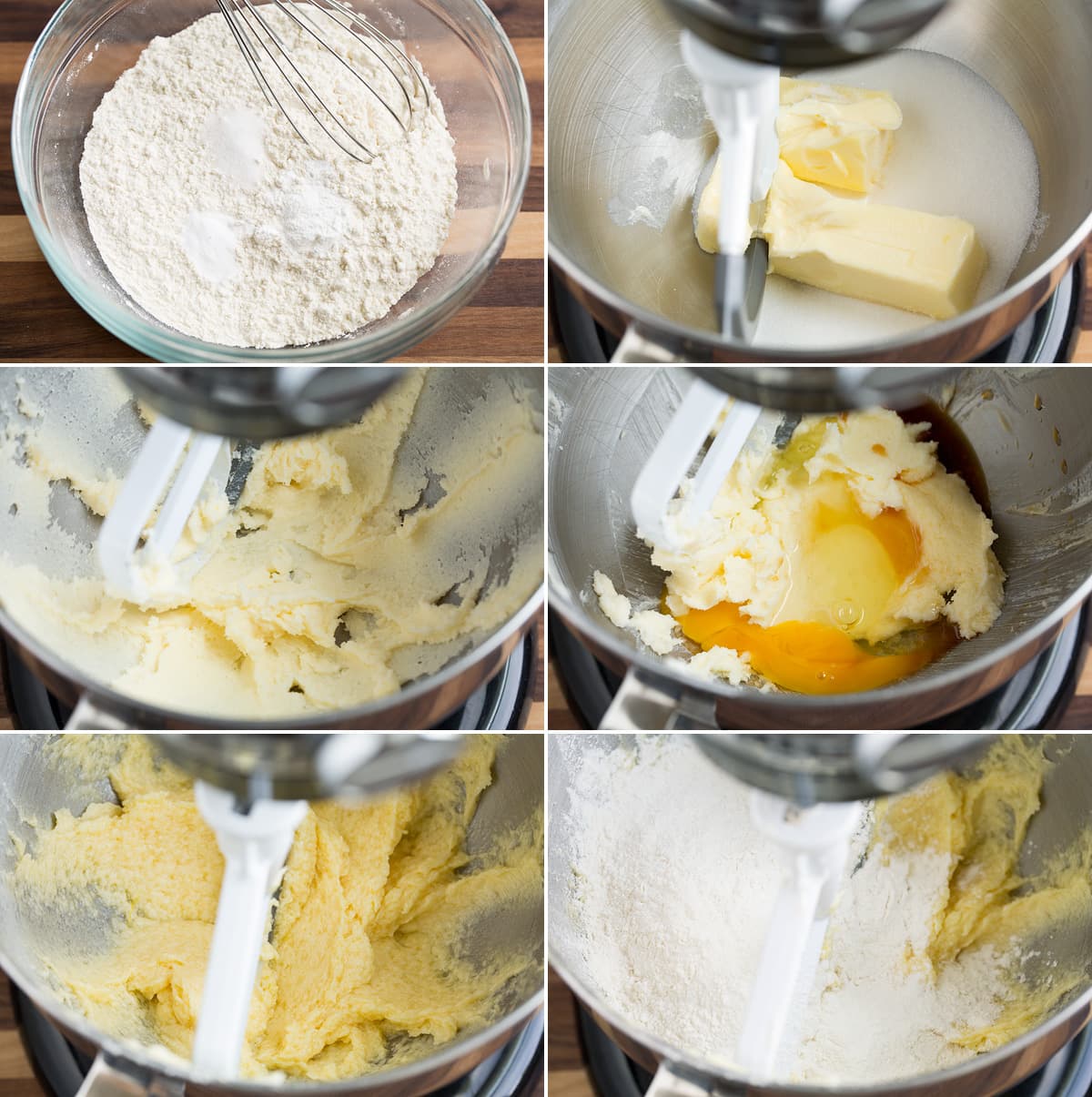 Fruit Pizza Collage image of 6 steps showing how to make cookie dough for fruit pizza crust.