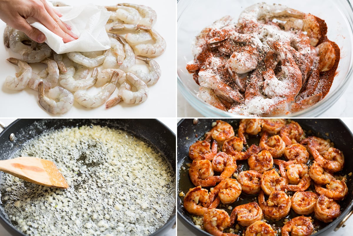 Hawaiian Garlic Shrimp Collage image of four steps showing how to prepare Hawaiian garlic shrimp. Includes drying shrimp with paper towels, tossing shrimp in a bowl with spices and flour, sauteeing garlic with butter and cooking shrimp in pan.