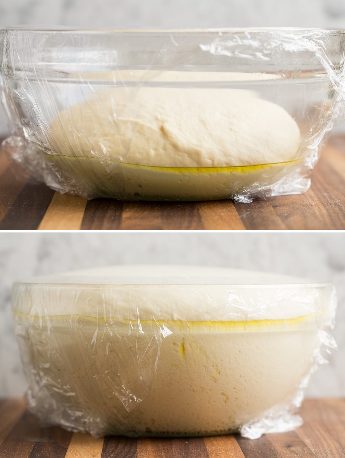 Homemade Pizza Dough Pizza dough shown in a bowl before and after rising.