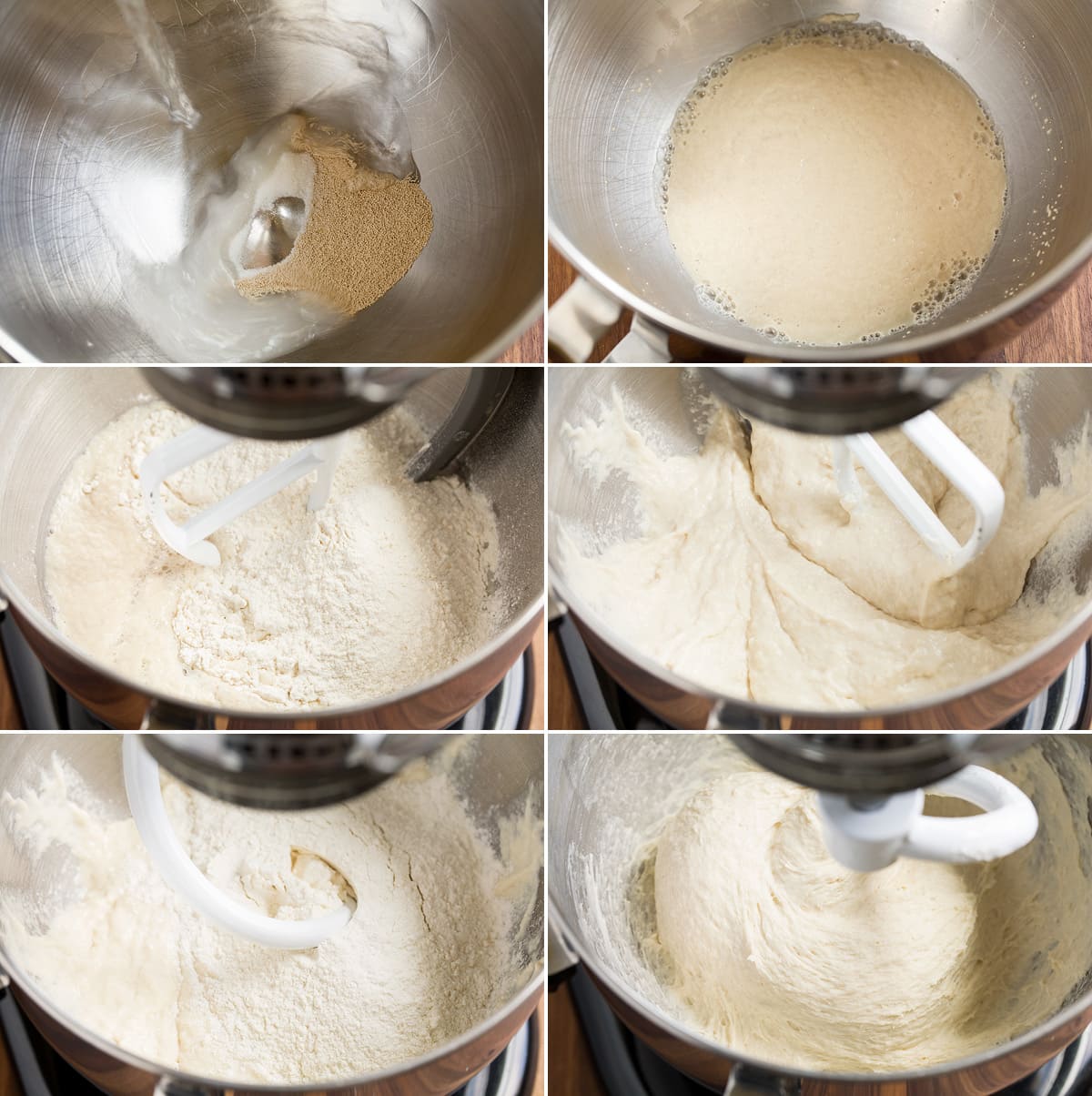 Homemade Pizza Dough Collage image of 6 steps to making pizza dough in a stand mixer.