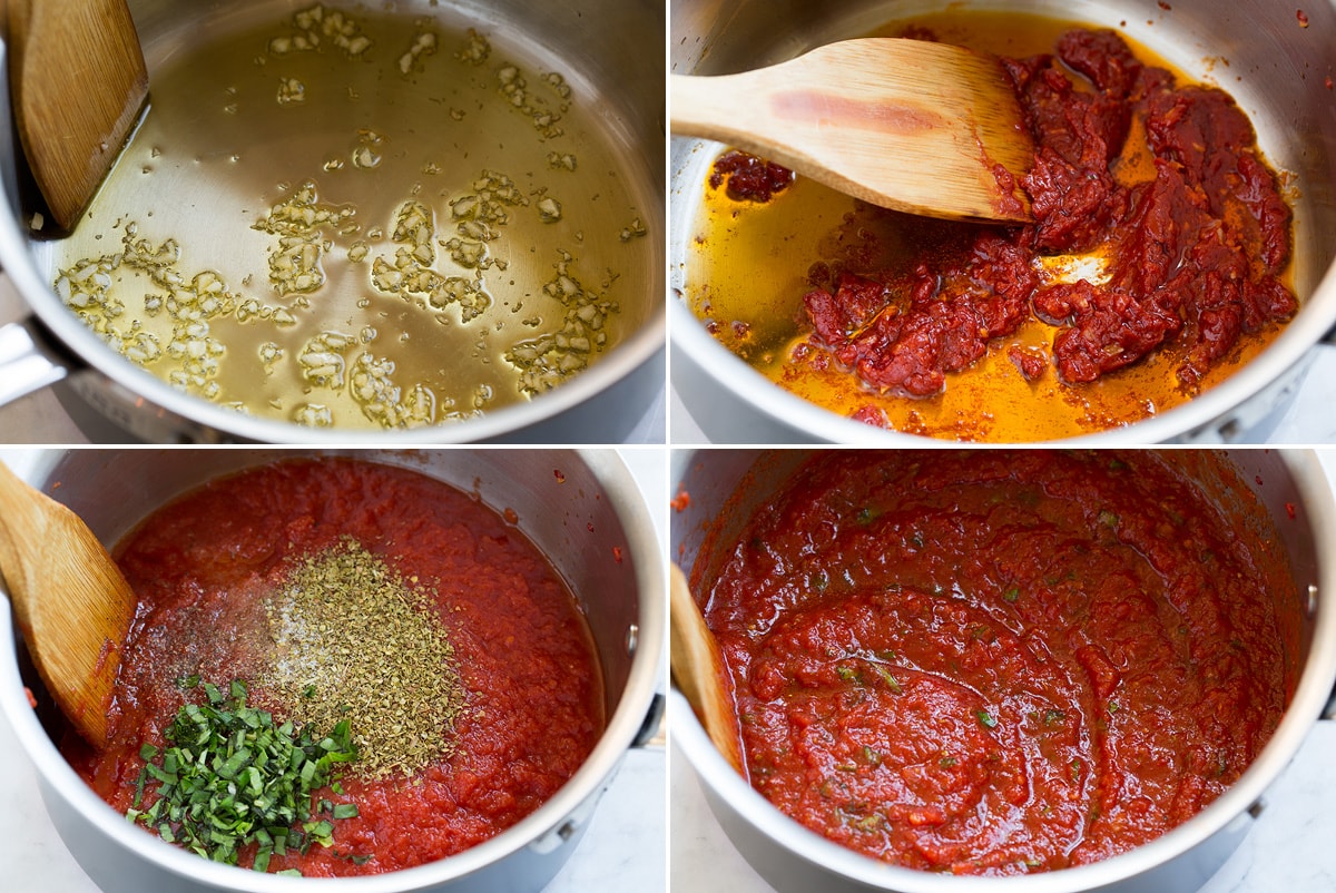 Homemade Pizza Sauce Collage image of steps to make pizza sauce in a saucepan.