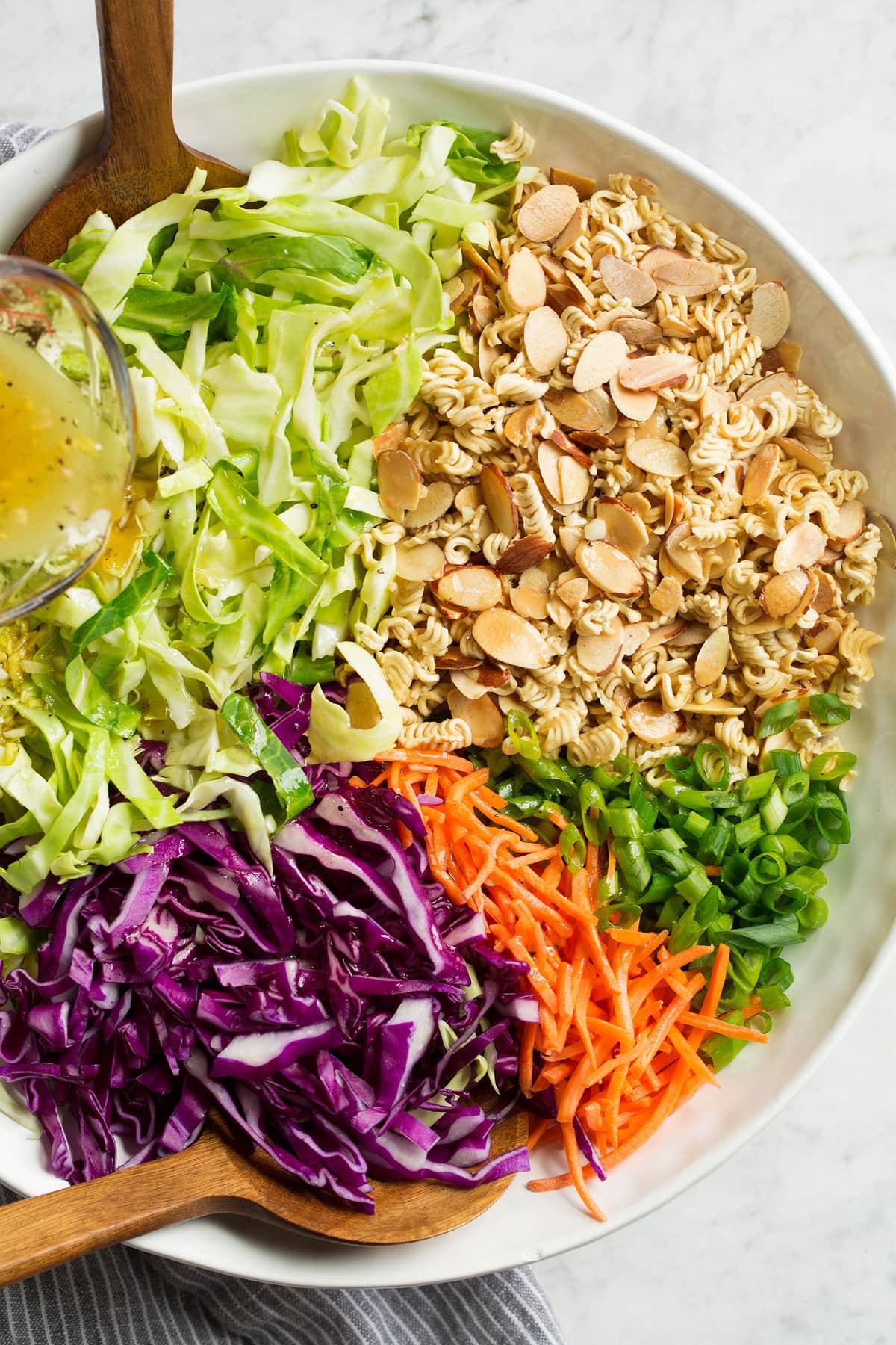 Ramen Noodle Salad Overhead image of ramen noodle cabbage salad before tossing.