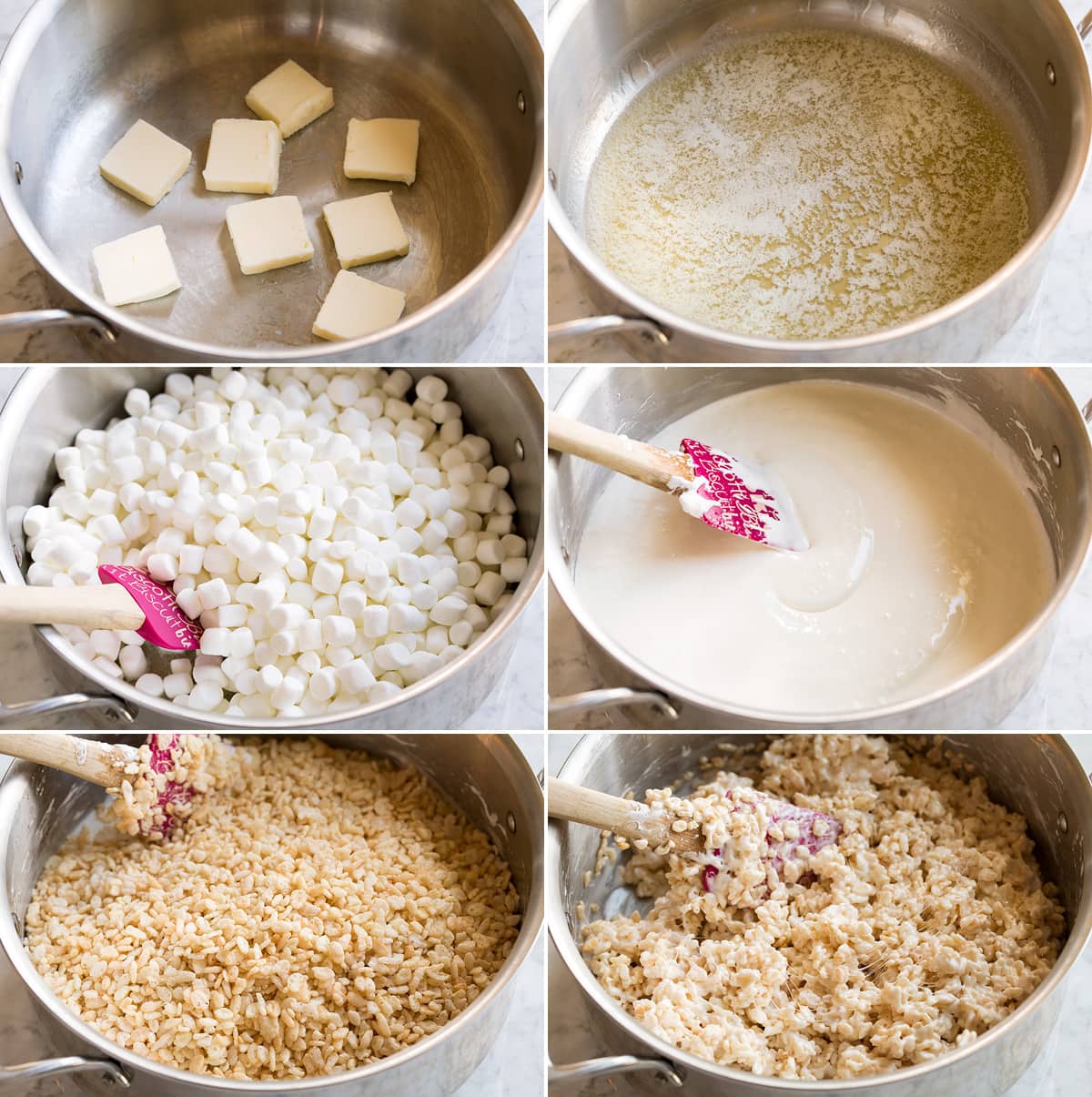 Best Rice Krispie Treats Collage image of 6 steps to make rice krispies treats in a pot. Includes melting butter, melting marshmallows and stirring in rice krispies cereal.