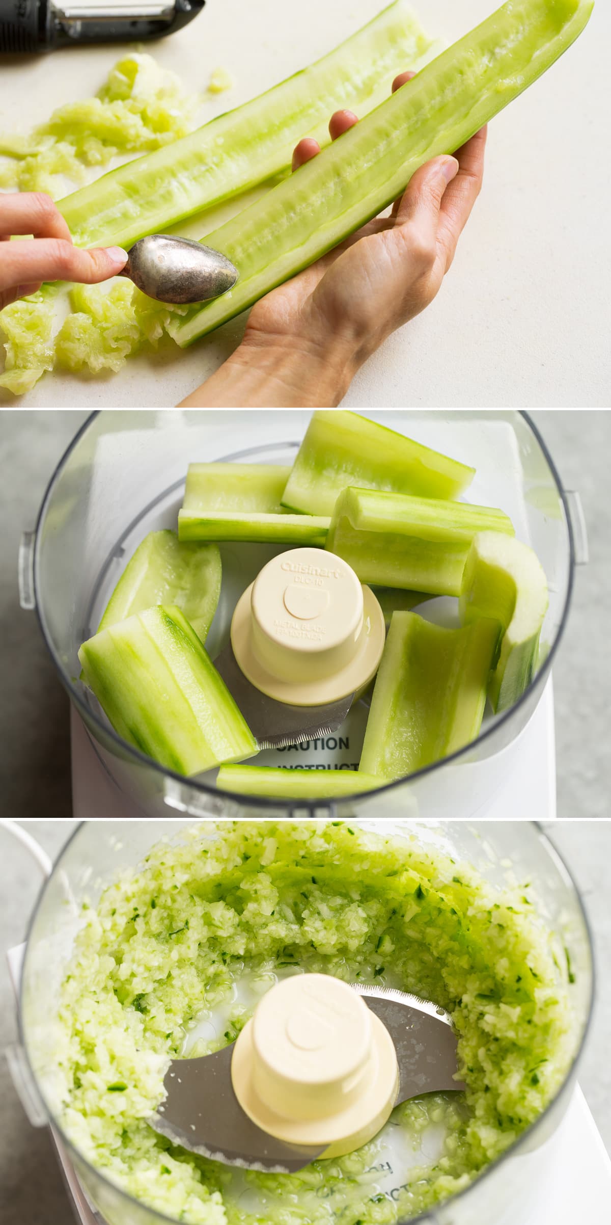 Homemade Tzatziki Sauce Collage image showing three steps to prepare cucumber for tzatziki sauce. Shows removing seeds from cucumber, placing chunks in a food processor and cucumbers after being minced in processor.
