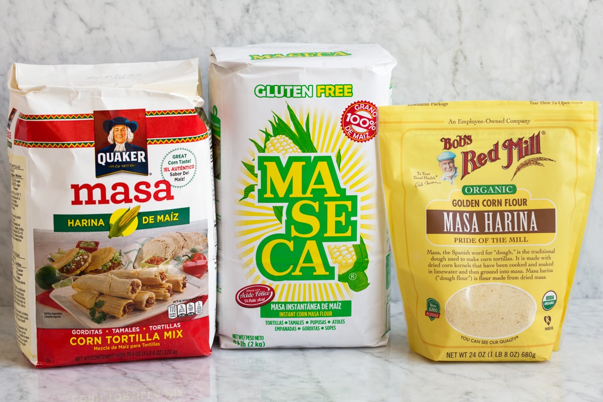 Masa Harina Image of three packages of different brands of masa harina.