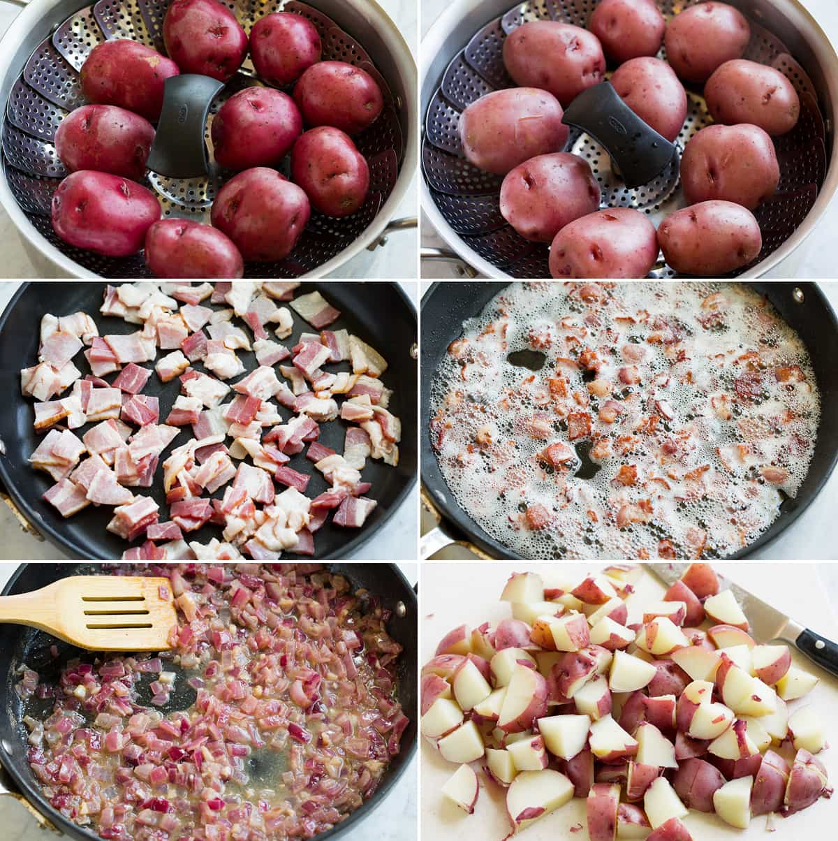 German Potato Salad Collage of six photos showing hot to make german potato salad. Shows potatoes in pot before and after steaming, bacon in skillet before and after cooking, sautéing onions and making dressing, and chopping potatoes.