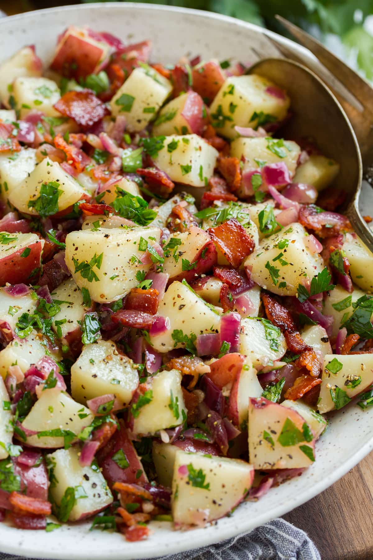 German Potato Salad Close up image of german potato salad with red potatoes, parsley, bacon and onions in white ceramic serving bowl.