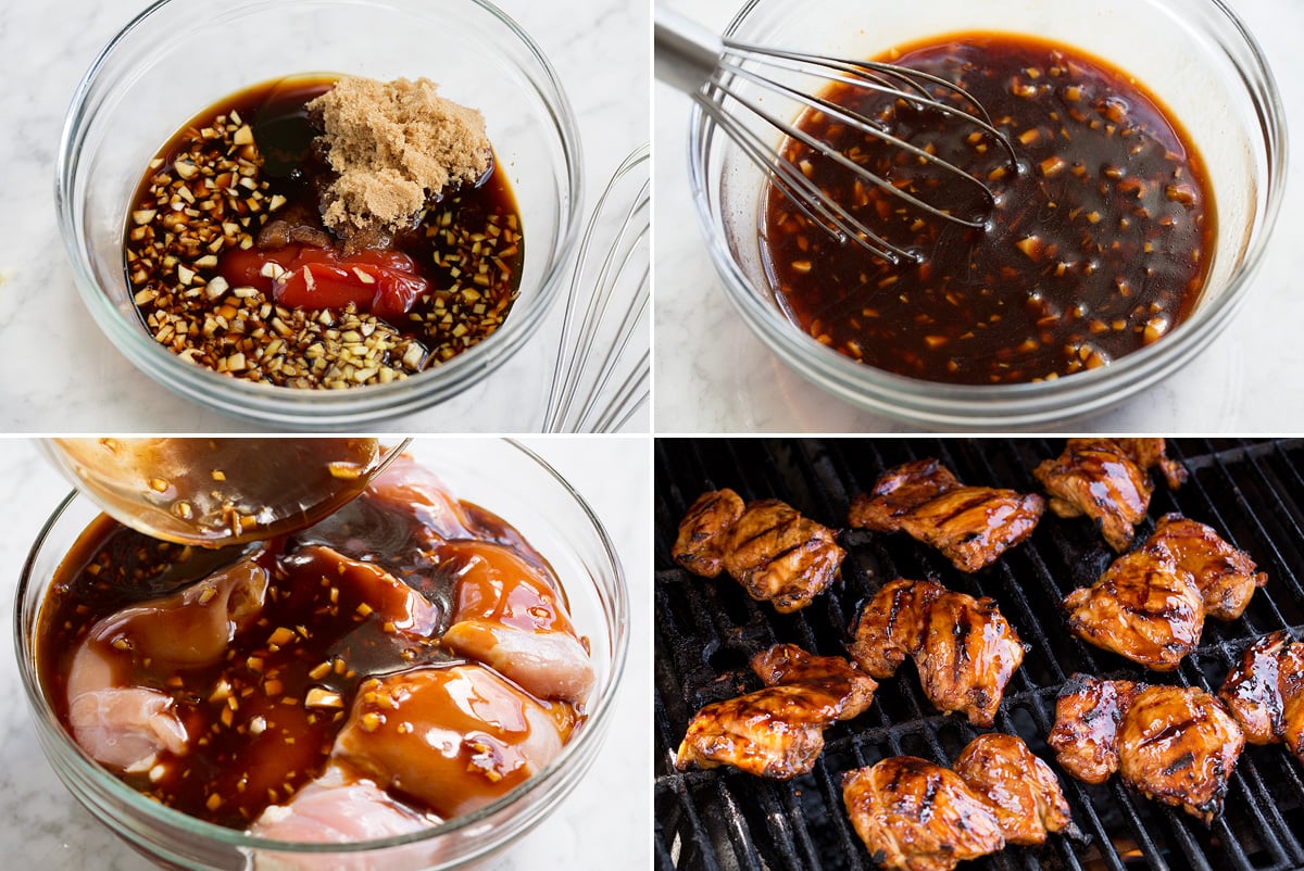 Huli Huli Chicken Collage of four images showing steps to making huli huli chicken marinade, marinating chicken and grilling chicken.