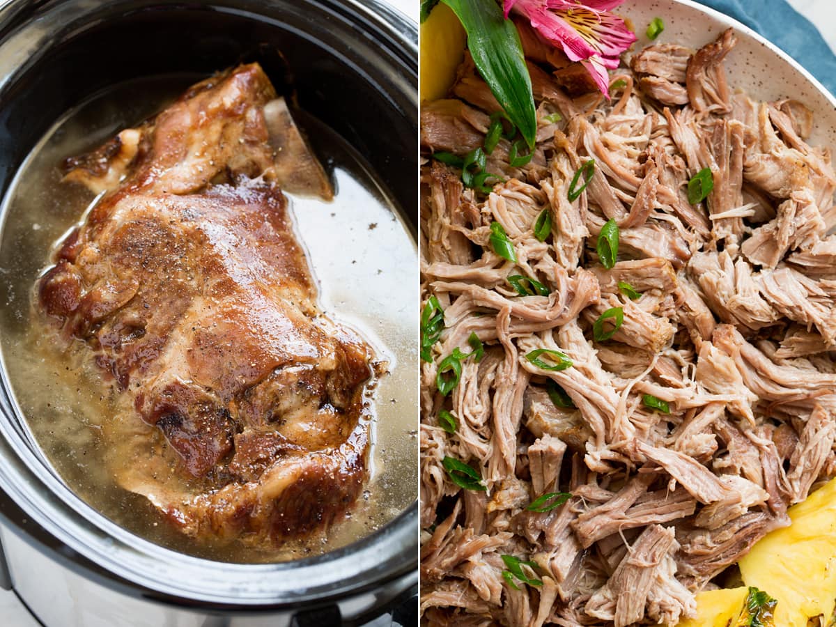Kalua Pork Two images, left image showing whole pork butt in a slow cooker after cooking and second image showing shredded pork in a bowl.