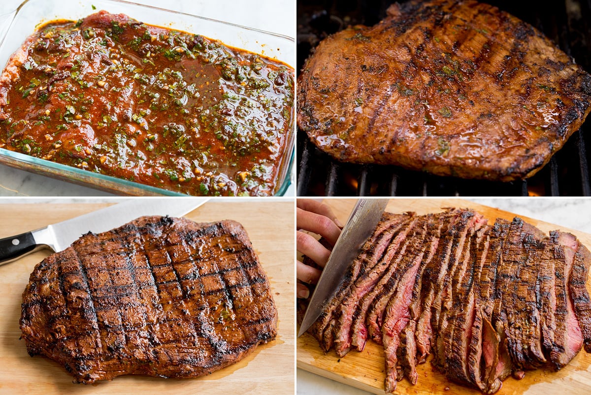 Carne Asada Collage of four images showing carne asada in marinade in a glass dish, then on the grill, then on a cutting board and last it is shown thinly sliced.