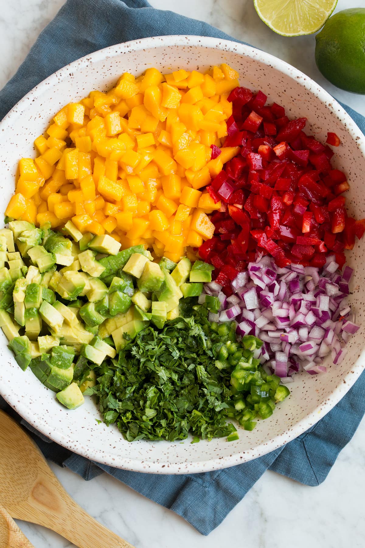 Mango Salsa (with Avocado!) Prepared mango salsa ingredients shown in sections in a mixing bowl before tossing together.