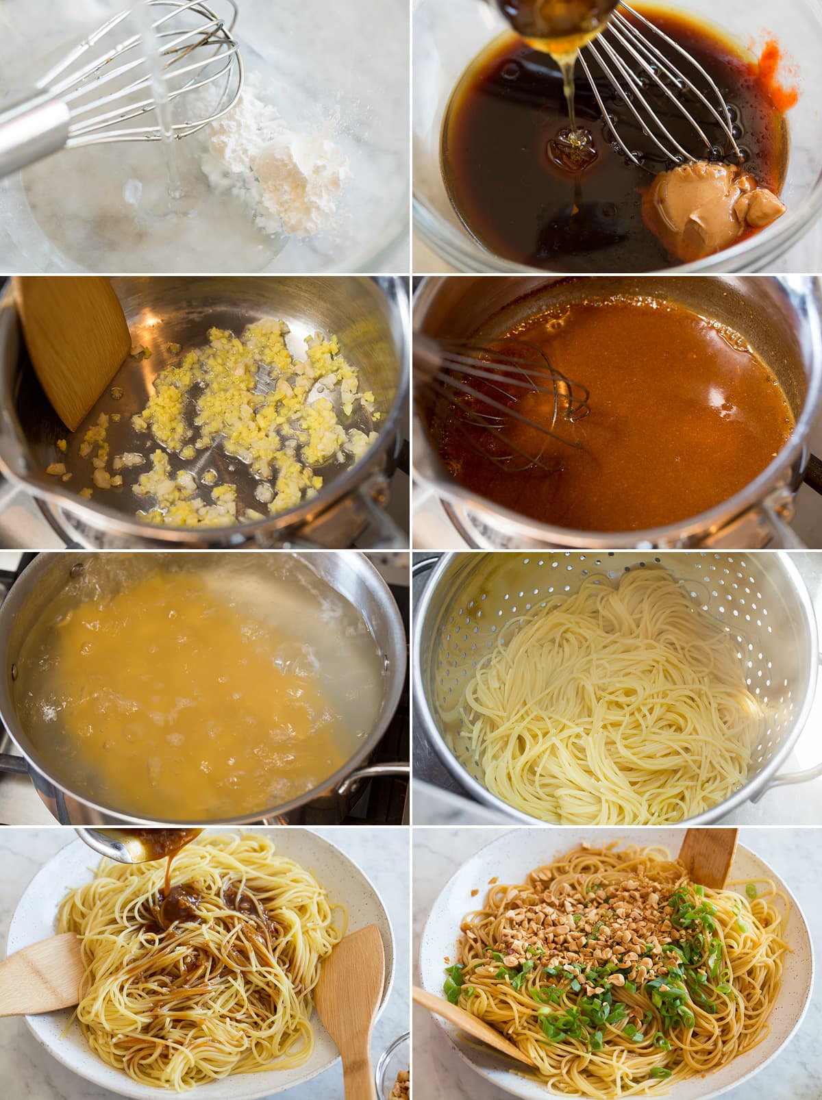 Sesame Noodles Photo: Collage of eight images showing each step to preparing sesame noodles by making sauce, cooking noodles and tossing sauce and noodles together with mix-ins.