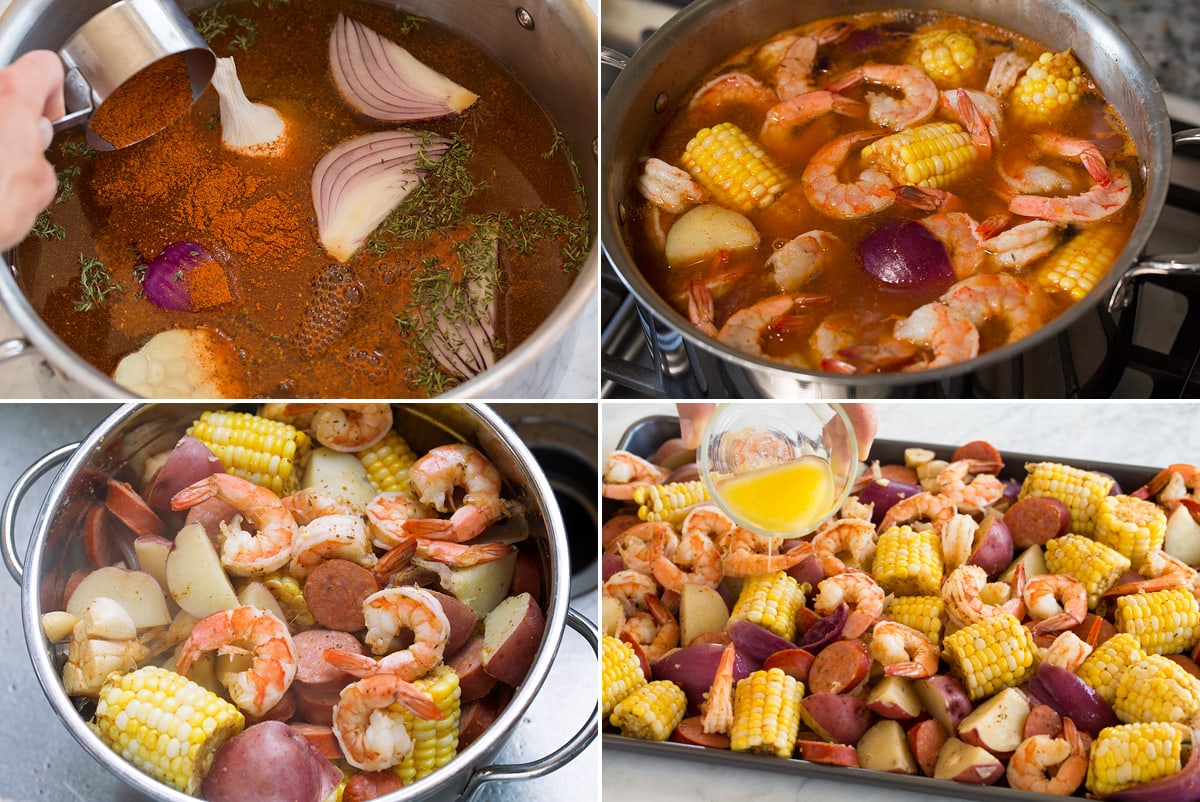 Shrimp Boil Collage image of four steps showing how to make shrimp boil in a pot, then draining in a colander and pouring butter over mixture on a platter.
