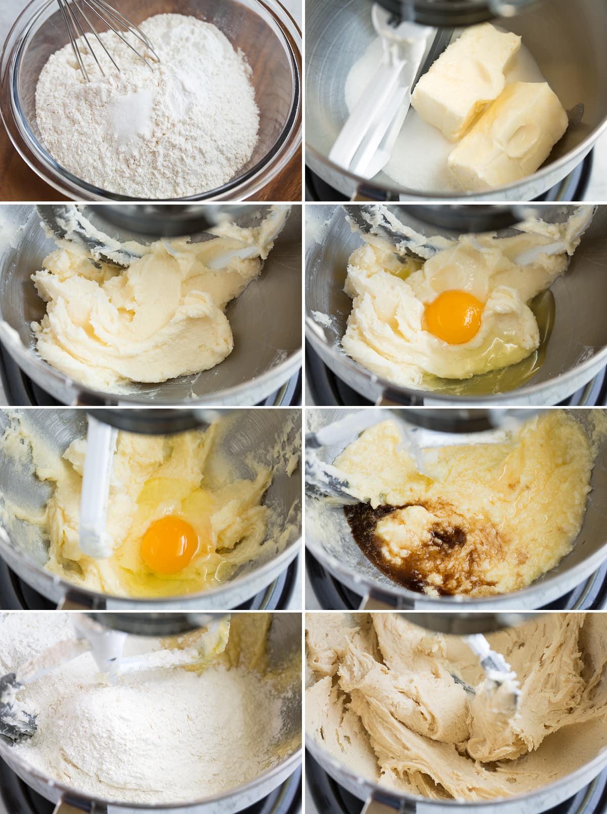 Sugar Cookie Bars Collage image of 10 steps showing how to make sugar cookie bar batter in an electric mixer bowl with paddle.