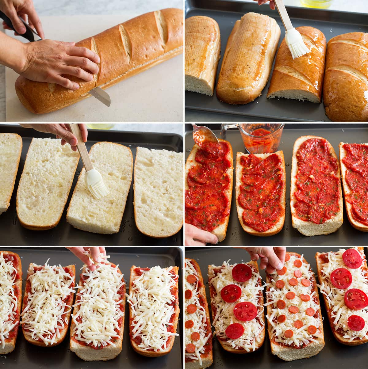 French Bread Pizza Collage of six images showing steps to make french bread pizzas. Shows slicing french bread in half, brushing top and bottom with olive oil. Covering with pizza sauce. Topping with cheese and toppings.