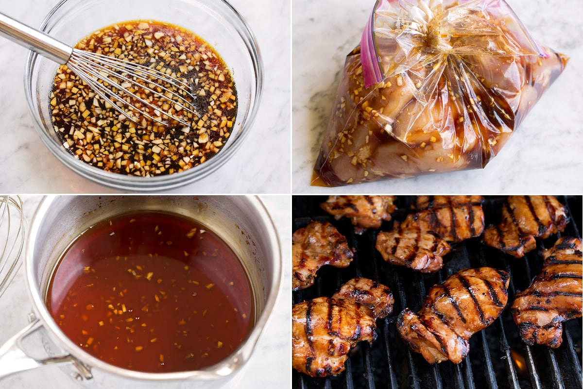 Grilled Marinated Teriyaki Chicken Collage of four images showing steps of making teriyaki marinade, soaking chicken in marinade, cooking extra marinade and grilling chicken.