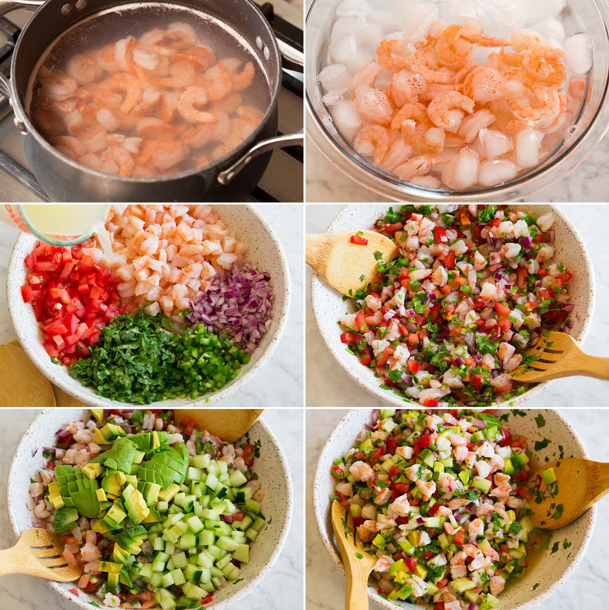 Ceviche Collage of six images showing steps to cooking shrimp, chilling it in ice, and tossing together ceviche ingredients in a mixing bowl.