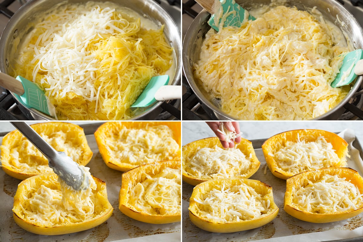 Cheesy Spaghetti Squash Recipe Collage of four images showing spaghetti squash tossed with cheese sauce and filling hollowed out spaghetti squash.