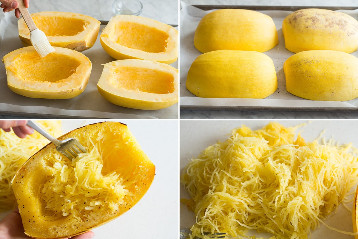 Cheesy Spaghetti Squash Recipe Collage of four images showing how to roast and shred spaghetti squash.