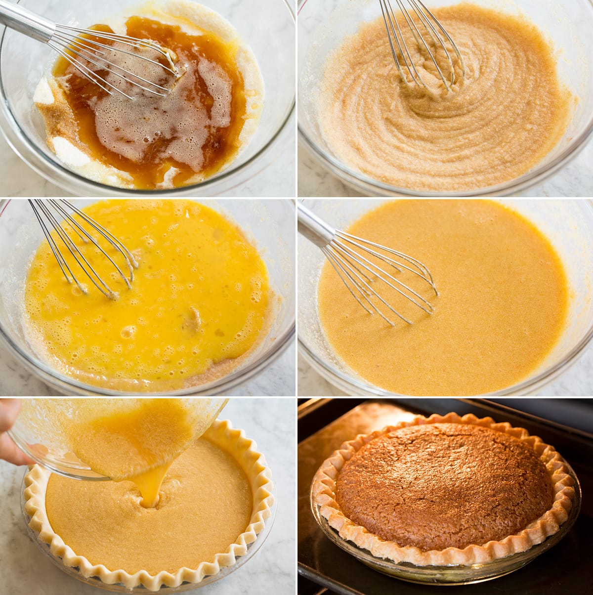 Chess Pie Collage of six images showing continued making of chess pie. Includes mixing in butter, then eggs. Also shows pouring batter into pie crust and shows pie baking in oven and what it should look like upon completion.