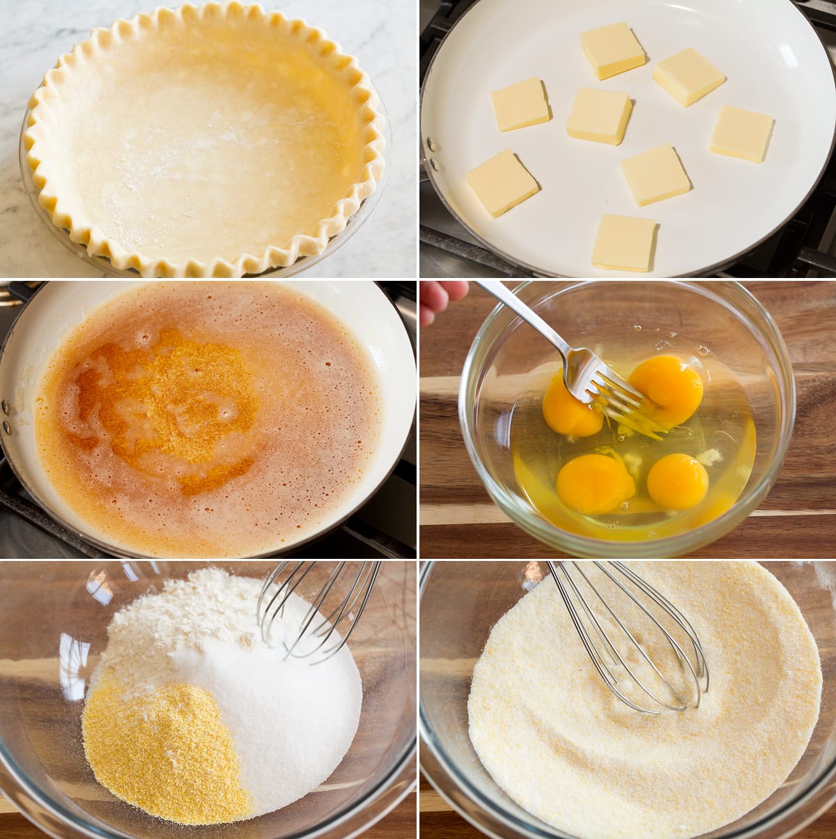 Chess Pie Collage of six images showing steps of making chess pie. Includes shaping pie crust in pie dish, browning butter in skillet, whisking eggs in bowl, and mixing flour, cornmeal and sugar in separate bowl.