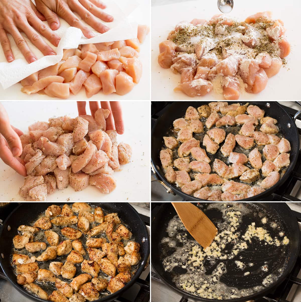 Chicken Scampi Collage of six images showing how to prepare chicken for chicken scampi, drying and tossing with seasoning mixture. Then it is shown seared in a skillet and garlic is sauteed.