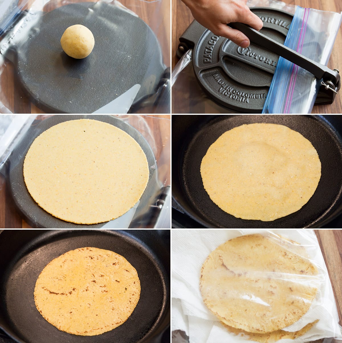 Homemade Corn Tortillas Collage of six images showing how to press corn tortilla dough in a tortilla press and cook in a skillet, then steam in a bag to soften.