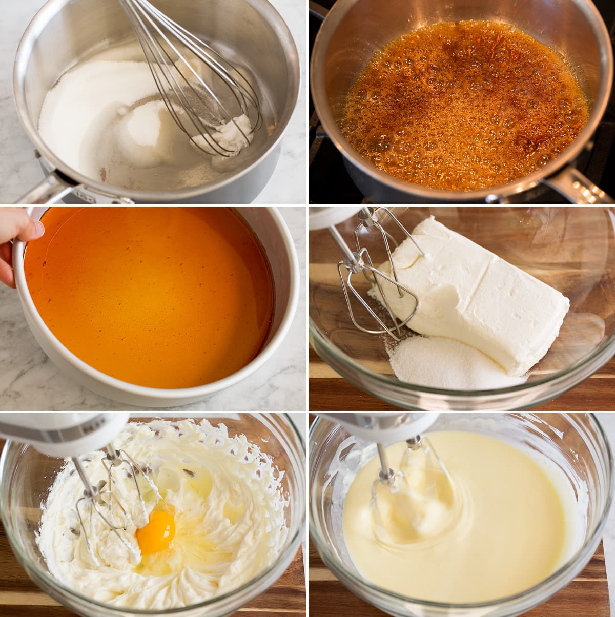 Flan Recipe Collage of six images showing steps to making flan caramel in a saucepan, pouring to cake pan, and beginning to make flan filling in a glass bowl.