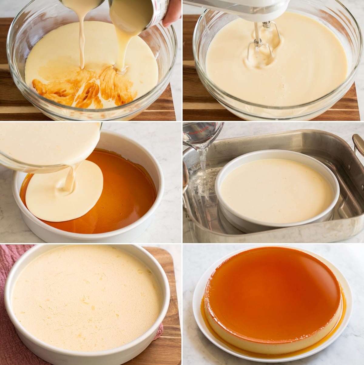 Flan Recipe Collage of six images showing continued steps of making flan filling, pouring it into pan over caramel layer, and placing in water bath. Then flan is shown after baking and inverted.