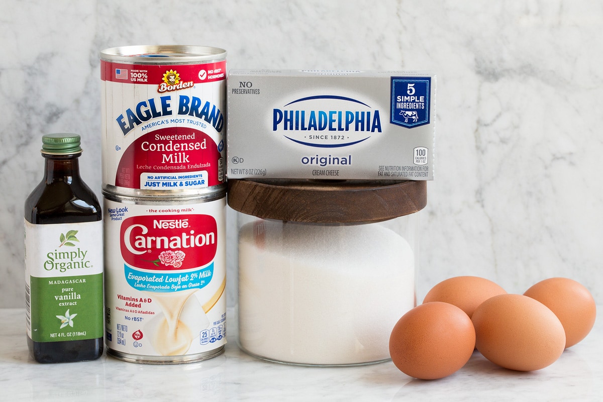 Flan Recipe Image of ingredients used to make flan. Shows evaporated milk, sweetened condensed milk, granulated sugar, vanilla, eggs and cream cheese.
