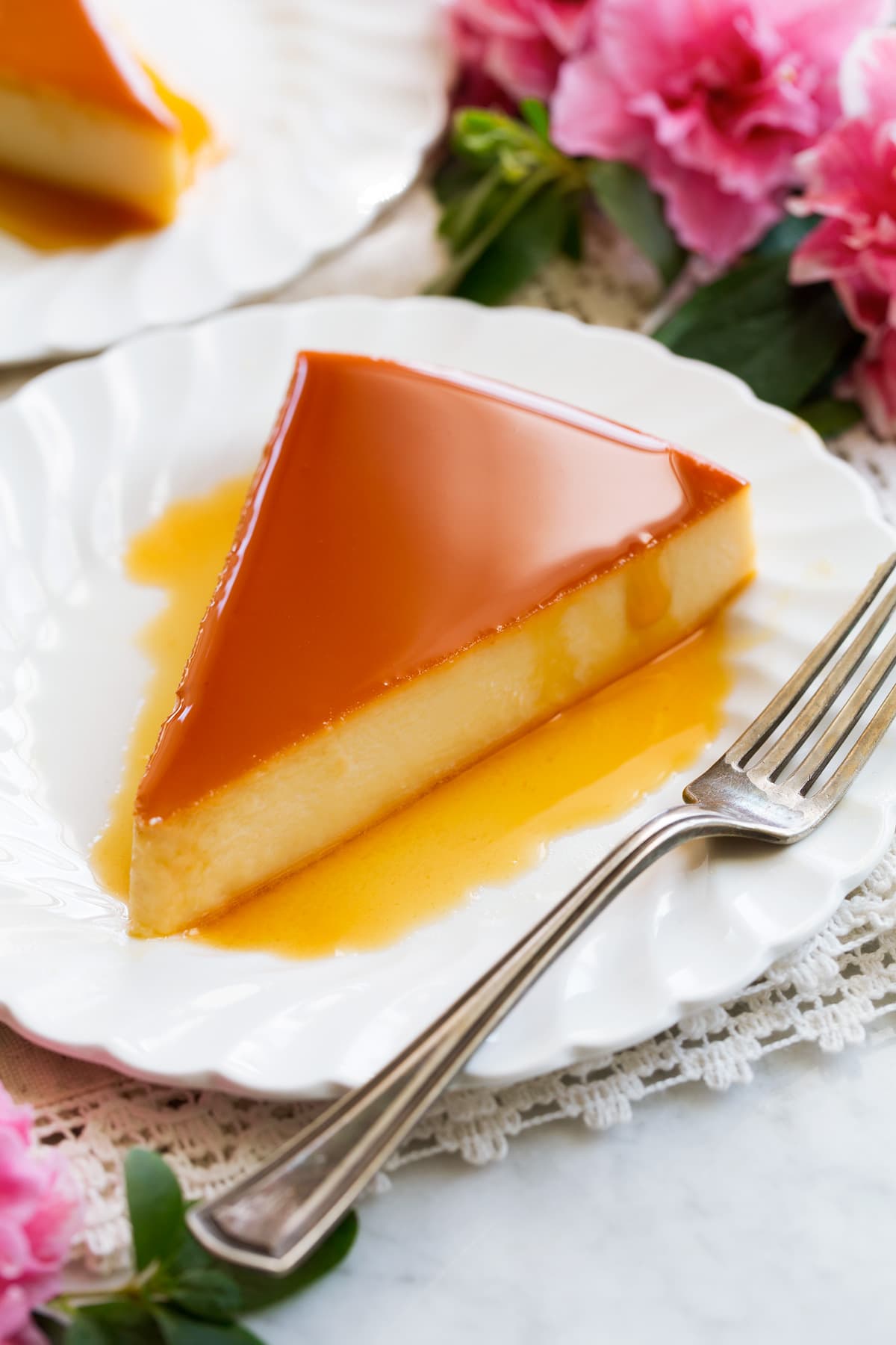 Flan Recipe Image of one slice of flan.