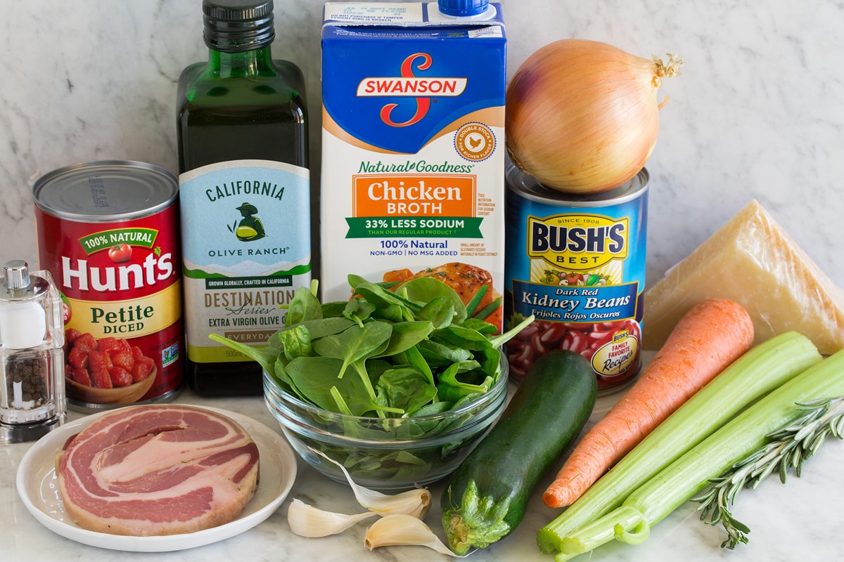 Minestrone Soup Image of ingredients used to make Minestrone soup. Shows celery, carrots, rosemary, zucchini, parmesan, kidney beans, yellow onion, spinach, chicken broth, garlic, pancetta, olive oil, canned tomatoes, salt and pepper.