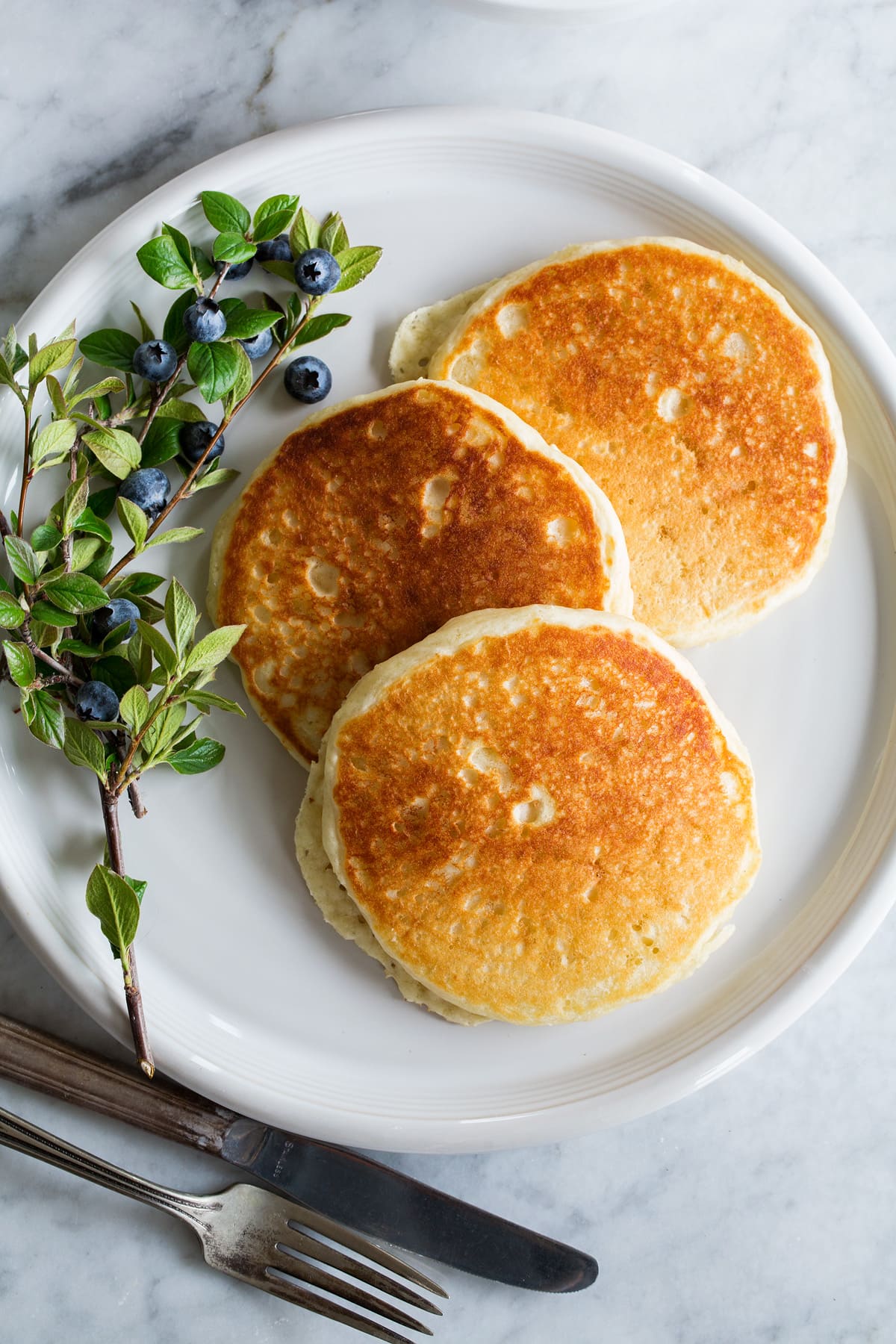 Homemade Pancakes Three pancakes spread out on a large white plate with a blueberry stem to the side.