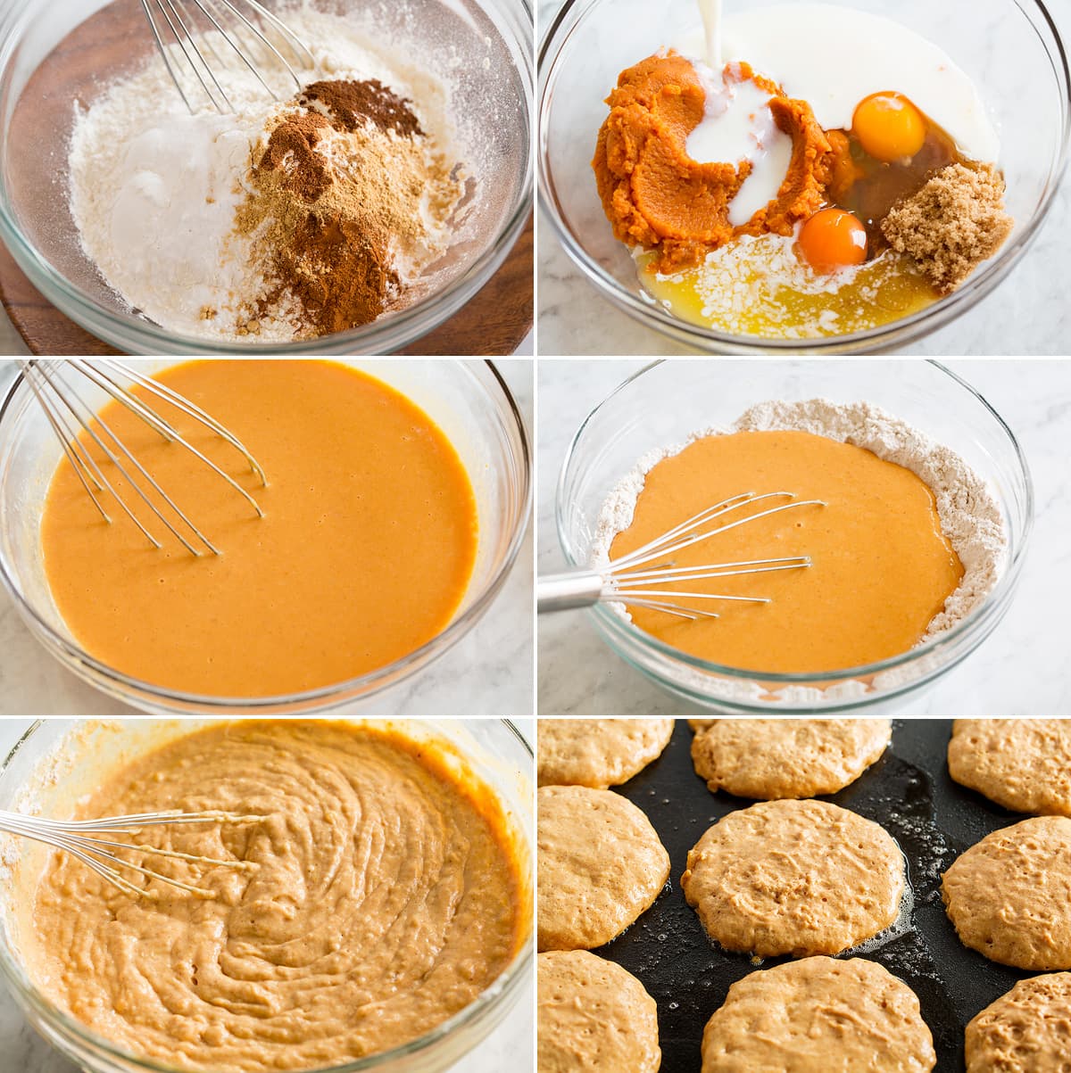 Pumpkin Pancakes Collage of six images showing steps to making pumpkin pancakes. Spices, and flour are whisk in a bowl. Wet ingredients are mixed in another then they are combined together. Then the batter is shown formed into pancakes on a griddle.