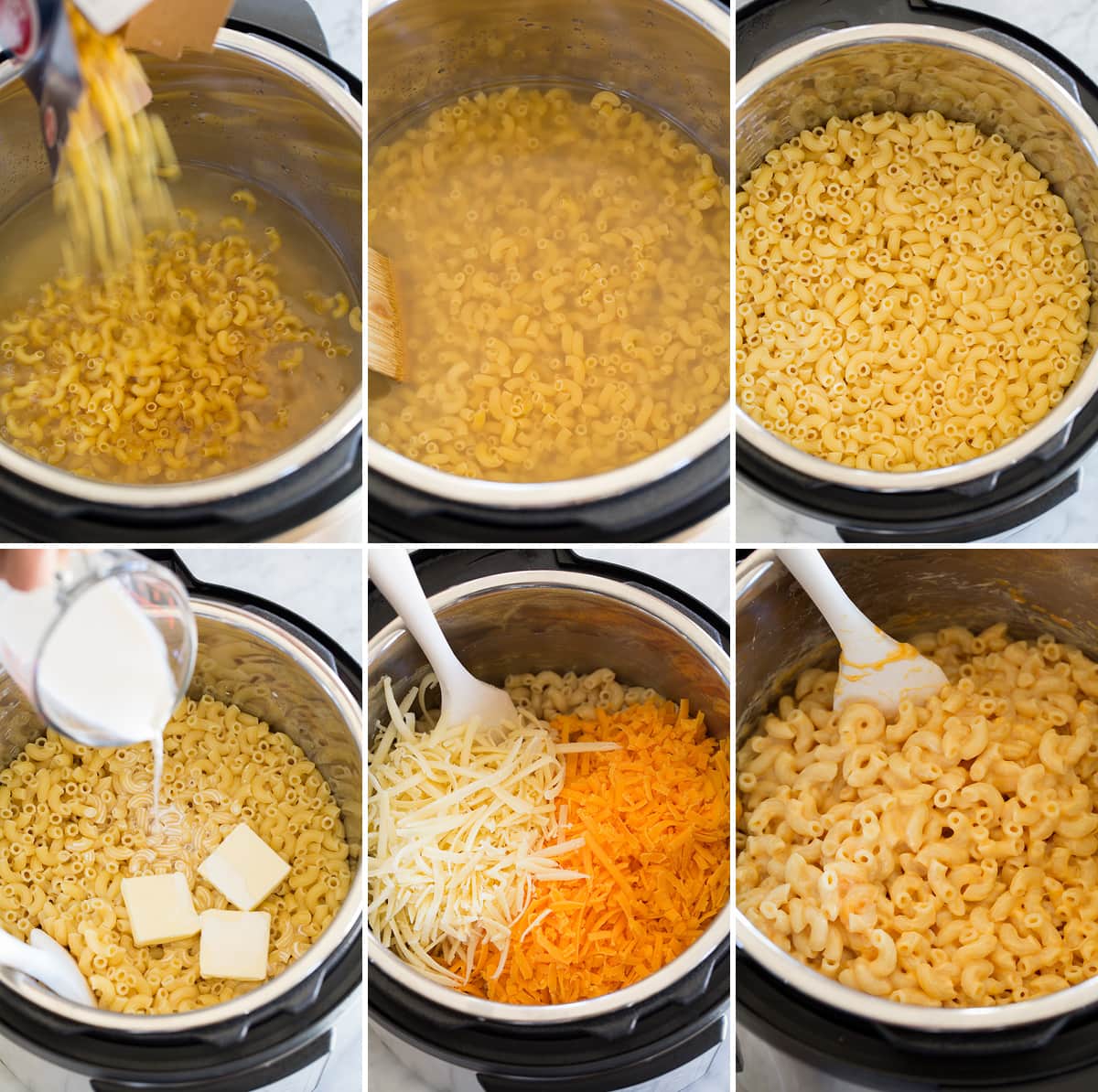 Instant Pot Mac and Cheese Collage of six images showing how to prepare mac and cheese in an instant pot.