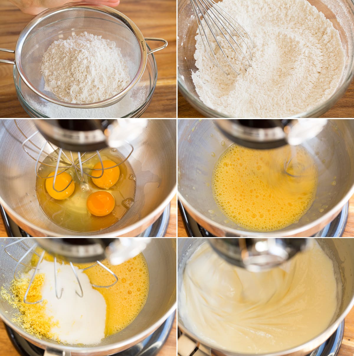 Olive Oil Cake Collage of six photos showing steps of preparing olive oil cake batter in a mixer bowl.