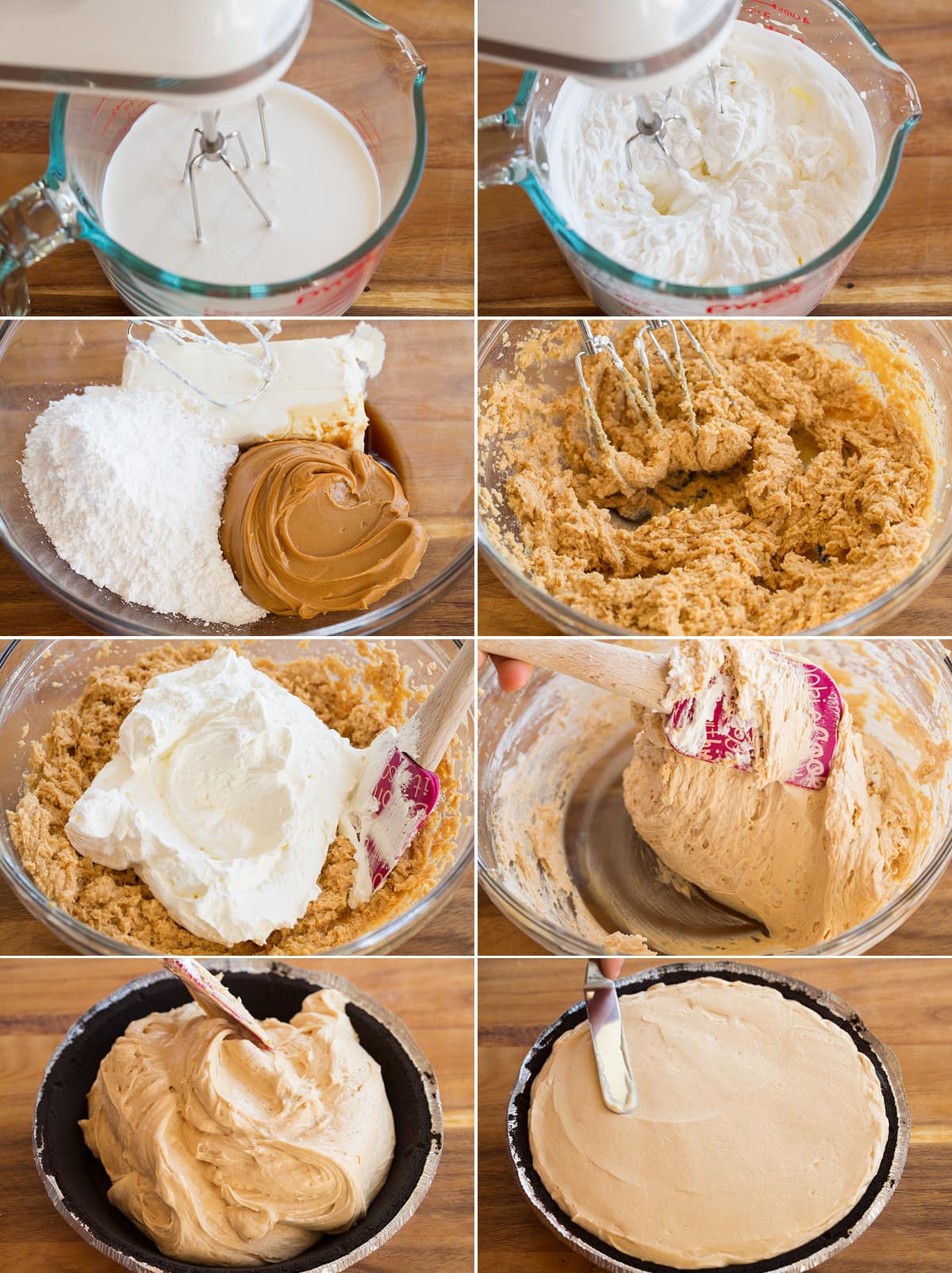 Peanut Butter Pie Collage of eight images showing steps to making peanut butter pie filling and adding to crust.