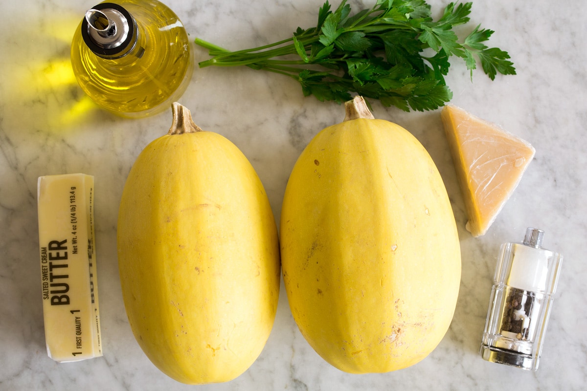Roasted Spaghetti Squash with Browned Butter and Parmesan Image of spaghetti squash, olive oil, butter, parsley, parmesan, salt and pepper.