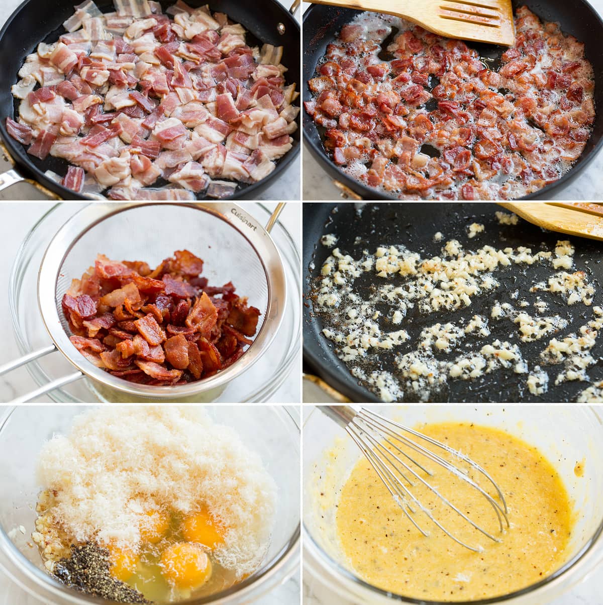 Pasta Carbonara Collage of six images showing steps to make pasta carbonara. Includes sauteing bacon in a skillet, straining rendered fat into a bowl, sauteing garlic, and preparing carbonara sauce.