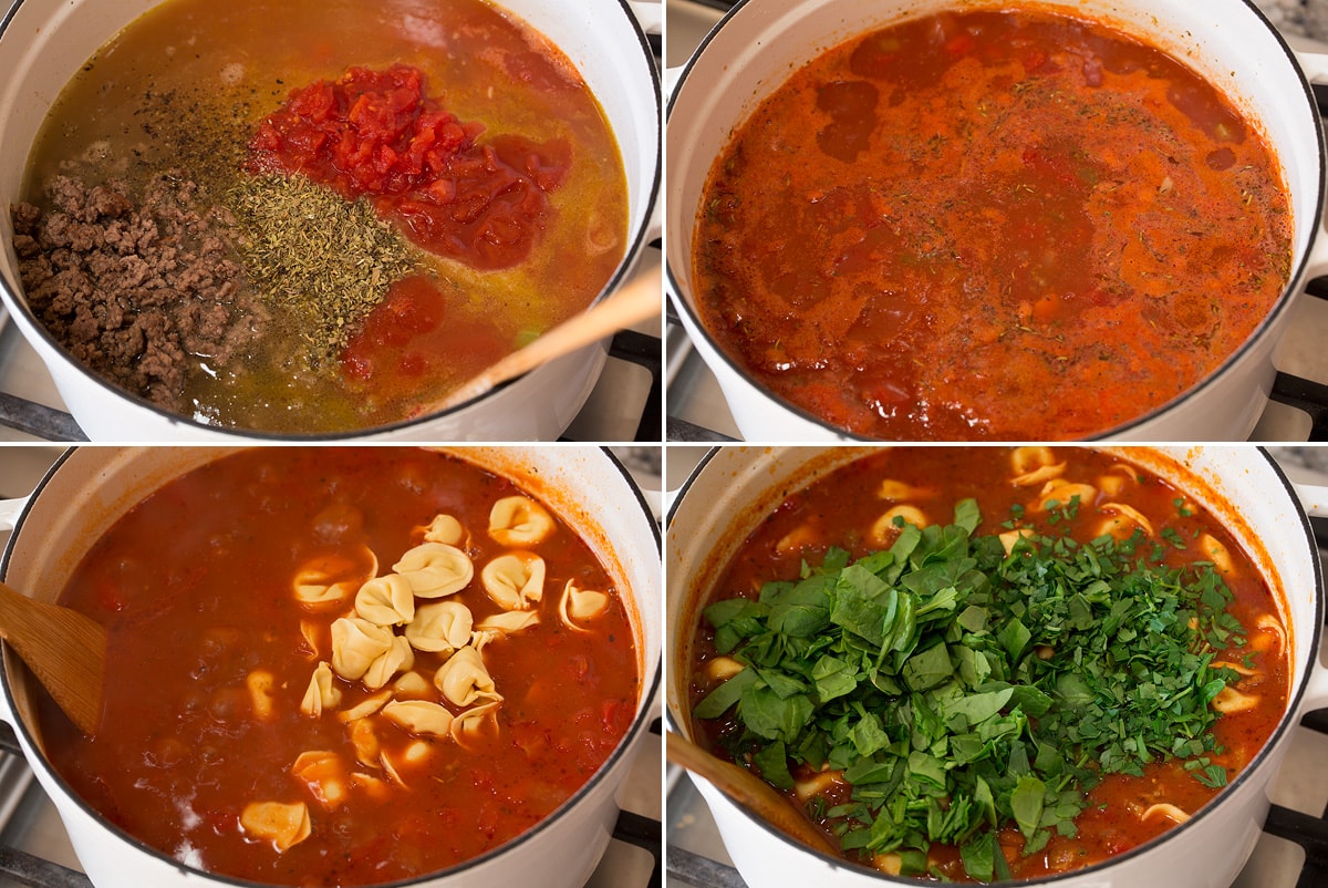Tortellini Soup Collage of four images showing mixing liquid ingredients for soup, simmering, adding tortellini and spinach.