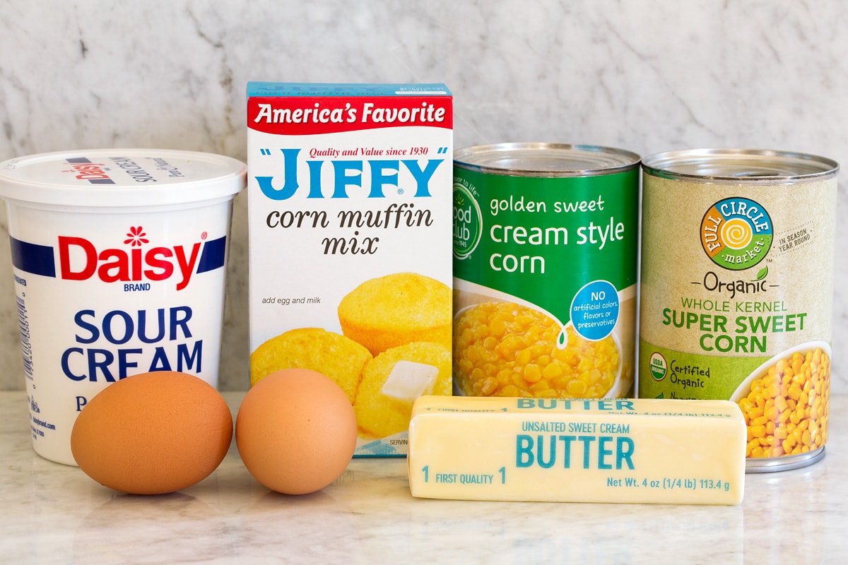 Corn Casserole Image of ingredients used for easy corn casserole with jiffy mix.
