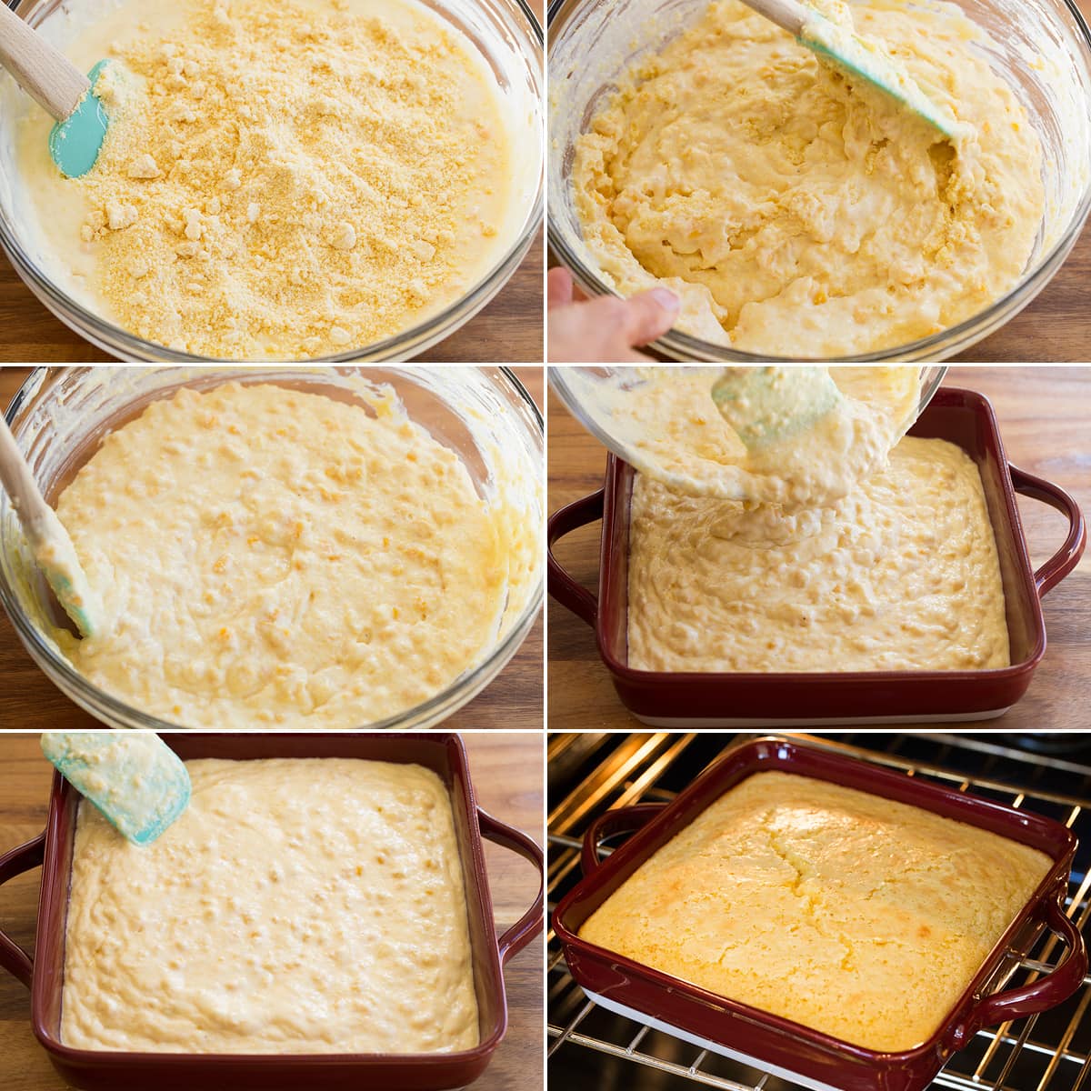 Corn Casserole Collage of six images showing how to mix corn casserole batter and pour into a baking dish and bake in the oven.