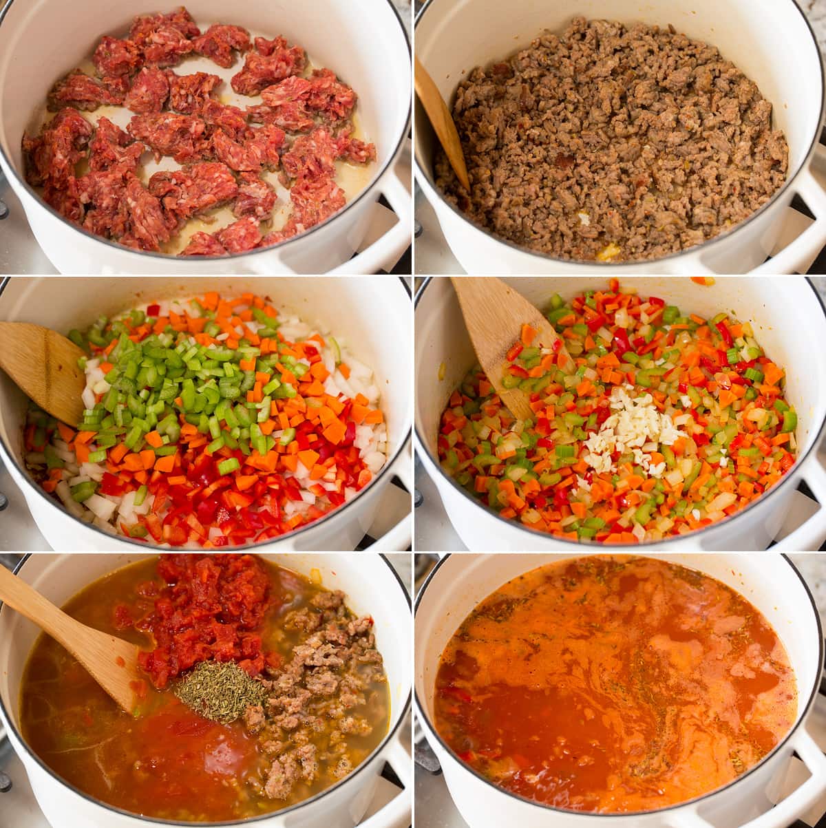 Italian Sausage Soup {with Orzo} Collage of six images showing steps to making Italian sausage soup. Includes browning sausage, sauteing veggies and adding broth and seasoning.