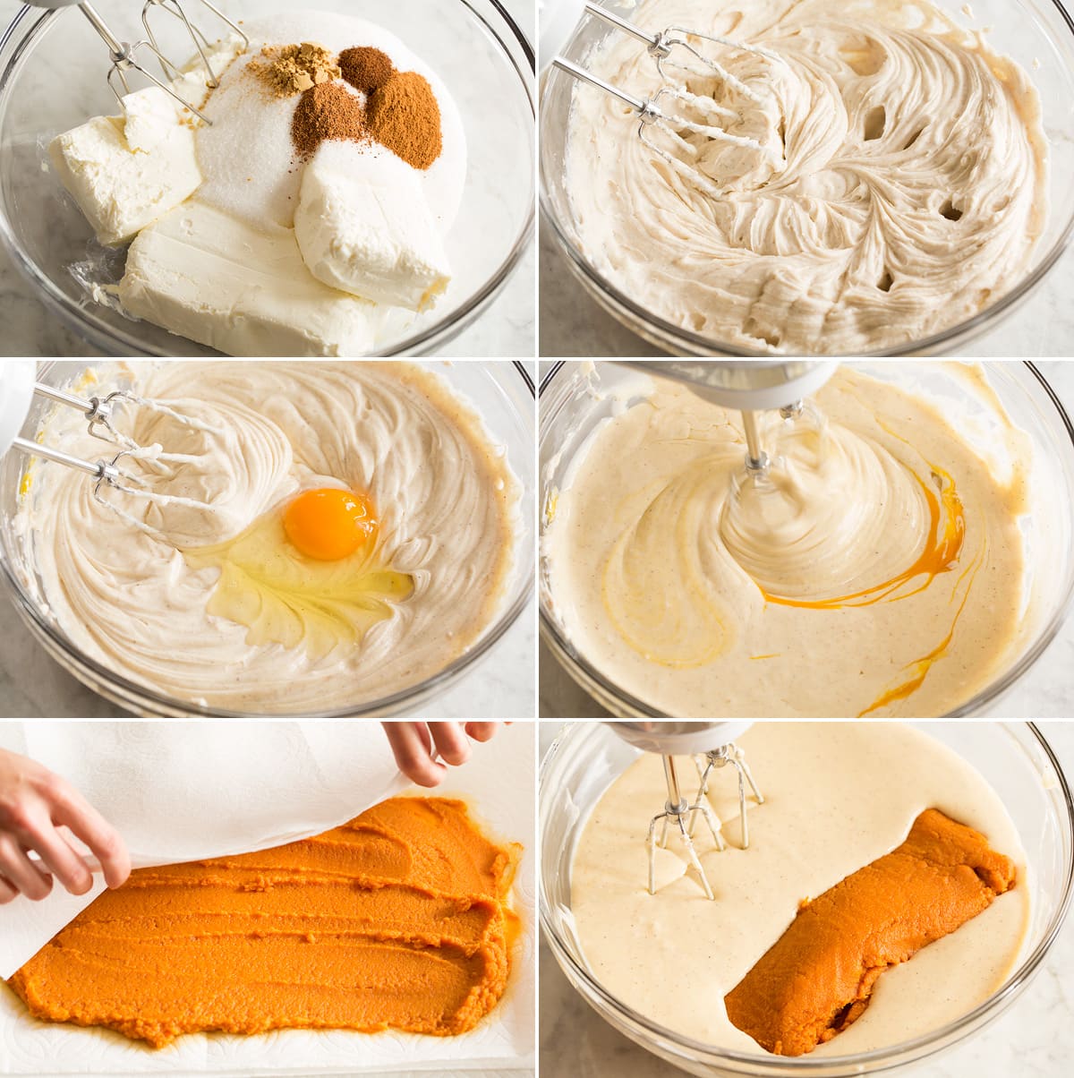 Pumpkin Cheesecake Collage of six images showing steps to preparing pumpkin cheesecake batter in a mixing bowl.