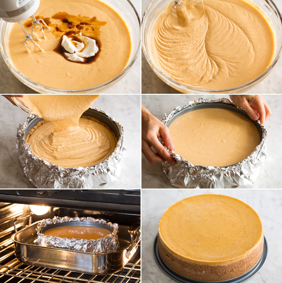 Pumpkin Cheesecake Collage of six images finishing pumpkin cheesecake batter, pouring into springform pan and then baking in a water bath.